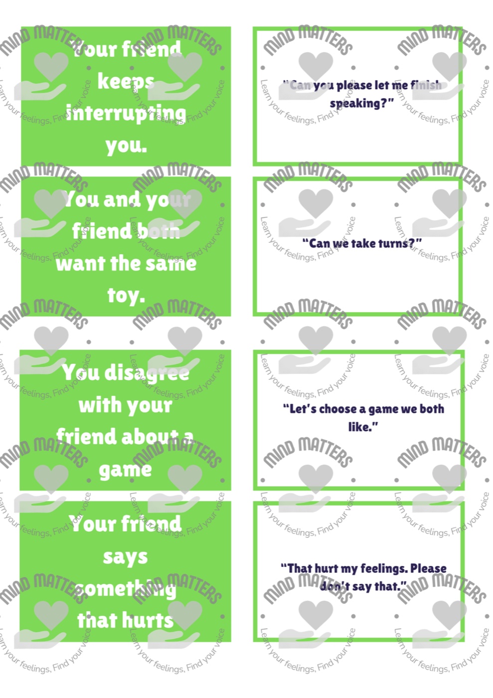 Printable matching cards: green cards describing conflict situations paired with white cards showing calm responses such as ‘Can we take turns?’ and ‘That hurt my feelings. Please don’t say that.’
