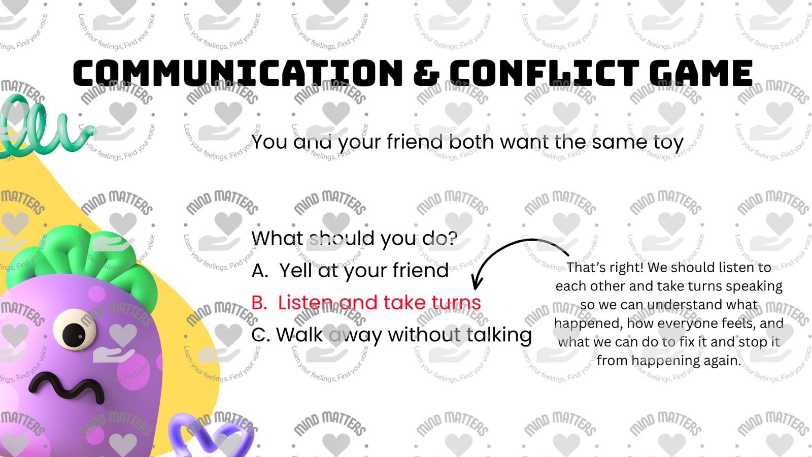 Slide titled ‘Communication and conflict game’, asking what to do when two friends want the same toy, with the correct answer ‘Listen and take turns’ highlighted.
