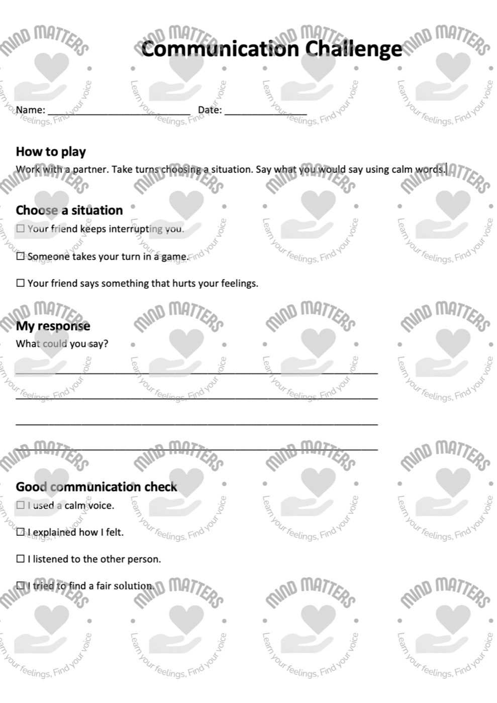 Worksheet titled ‘Communication Challenge’, where students choose a situation, write what they could say using calm words, and tick a good-communication checklist.