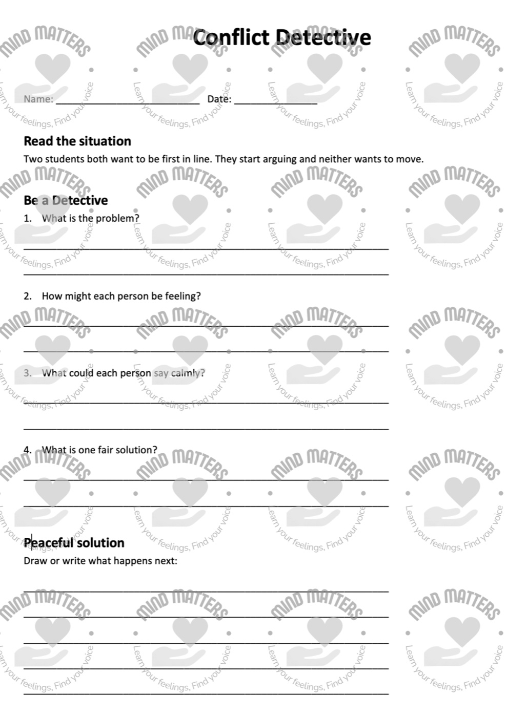 Worksheet titled ‘Conflict Detective’, where students read a situation about two people wanting to be first in line and answer what the problem is, how each person feels, what each could say calmly, and one fair solution.