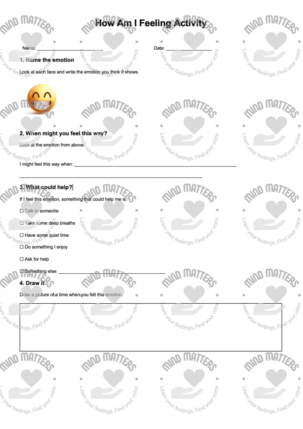 Worksheet titled ‘How Am I Feeling Activity’, asking students to name an emotion from a face, describe when they might feel that way, tick strategies that could help, and draw a time they felt it.
